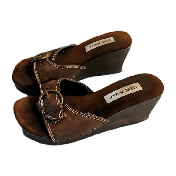Steve Madden Drill Wood Wedge Leather Open Slip-On Sandals Platform Buckle 7B - Picture 4 of 12
